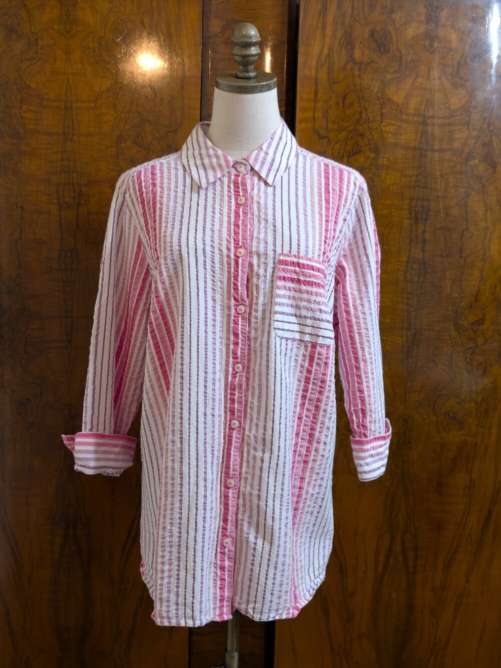 FOXCROFT Crepe Pink Purple Striped Button-Down Shirt Women's 16 Preppy Boho